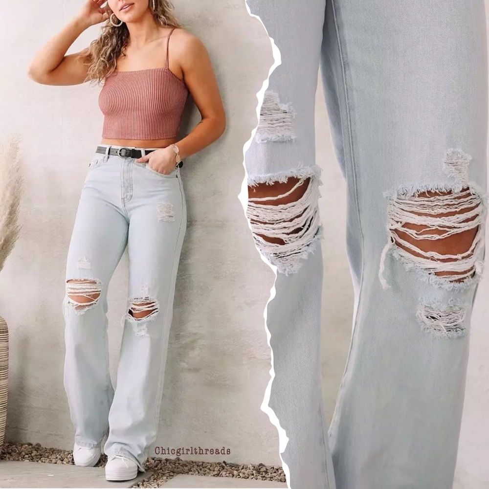 Kancan || Ultra High Waist Y2K 90s Light Washed Distressed Wide Leg - Picture 5 of 11